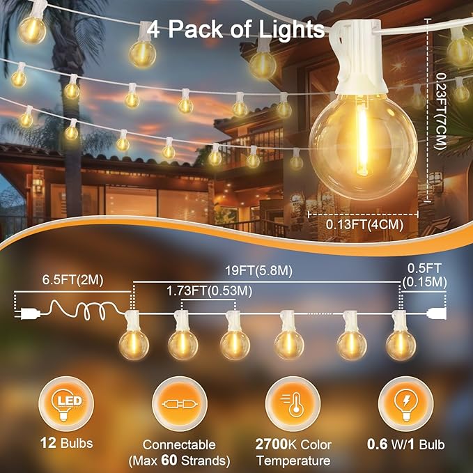 LAMPHOME 4 Pack 26FT LED Outdoor String Lights, 12+1 Shatterproof G40 Edison Bulbs, Connectable & Weatherproof Commercial Grade Patio Lights, Warm White Backyard Decorative Lighting