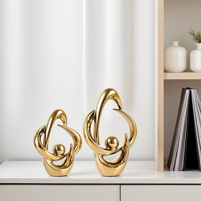 XMGZQ 2PCS Home Decor Accent Ceramic Statue Abstract Sculptures Centerpieces Mid Century Modern Decor for Tables Coffee Table top Decorations for Living Room Desktop Shelf Dining Room Kitchen (Gold)