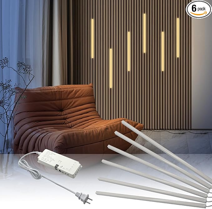 HAMRVL LED Wall Panel Lights - DC12V 6pcs 16-Inch 3000K Warm White Slat Wall Lights for Wood Wall Panels, Adhesive Dimmable LED Strip Lights with Touch Switch for Acoustic Panels, Headboards, Cabinets
