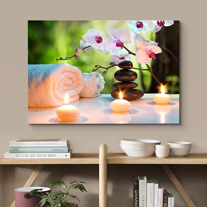 wall26 Canvas Print Wall Art Massage Stones, Candles & Orchid Flowers Floral Botanical Photography Realism Tropical Zen Colorful Multicolor Ultra for Living Room, Bedroom, Office - 12"x18"