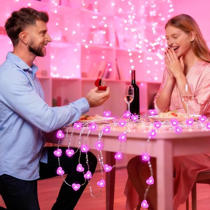 10FT Pink Heart Fairy Lights Battery Operated with Timer for Mothers Day Decoration, LED String Light Indoor Outdoor Waterproof Twinkle Light for Christmas Proposal Anniversary Valentines Party Decor