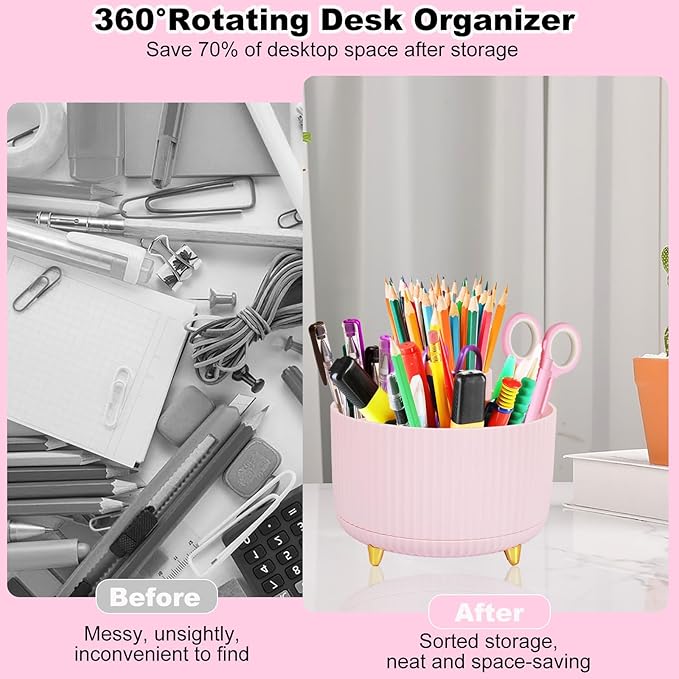 Pink Desk Organizers and Accessories Set with 360-Degree Rotating Pen Holder, Tape Dispenser, Stapler, Staple Remover, 1000 Staples, Tape, Clips Set, Ruler, Scissor, Pen