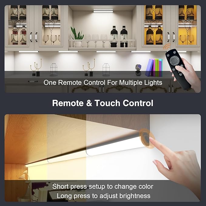 Under Cabinet Lighting Wireless with Remote,Rechargeable Battery Operated Closet Lights,3 Color Magnetic Dimmable led Strip Lights,Under Counter Lights for Kitchen,Shelf,Bedroom (Black-2PCS, 20cm)