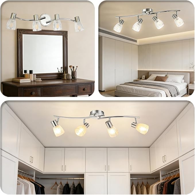 HiBay 4-Light Track Lighting Modern, Adjustable Ceiling Light Fixture w/Glass Shades, Metal Chrome Spotlight Indoor for Bathroom, Kitchen, Living Room, E12 Base, No Bulbs