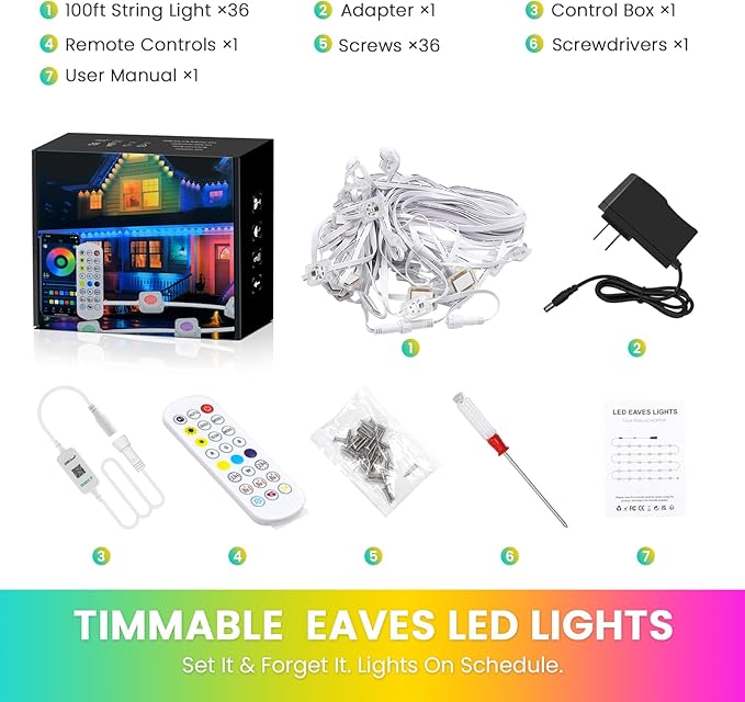 Led Christmas Lights Outdoor Permanent Light for House, DIY App & Bluetooth Music, Waterproof Ip65, VISADA 100ft Rgbic Women's Day Outdoor Lights Fit for Soffit Fence Garage Landscape Patio.