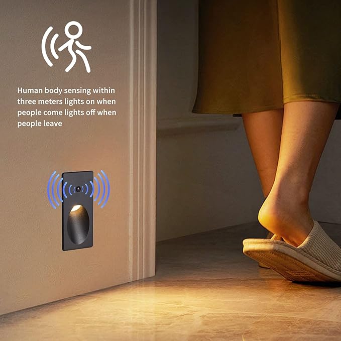 Motion Sensor Indoor Step Light, Adjustable Color Temperature (2700k/4000k/6000k), 3 watts, Flush Mounted/for Stairs, hallways, aisles, bedrooms, Non-Glare, Aluminum housing (Frosted Black)