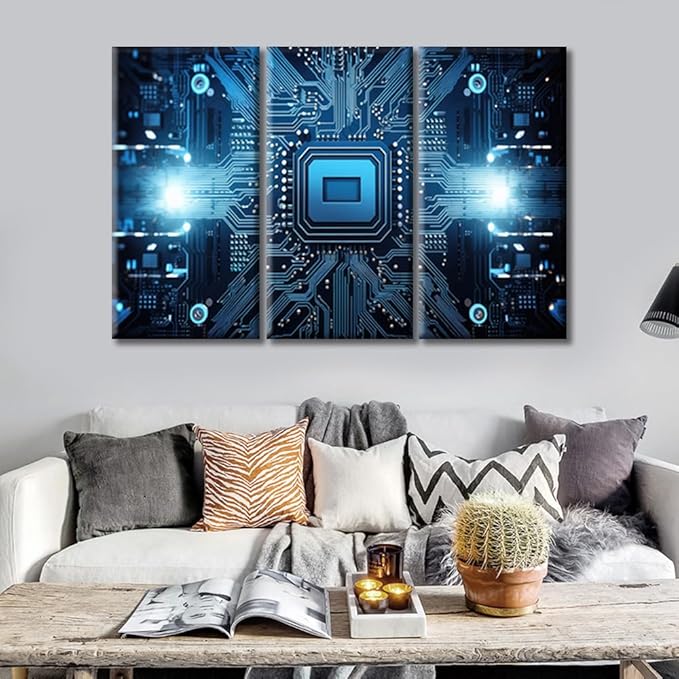 Wall Art Motherboard Digital Chip Framed Wall Art 3D Technology Motherboard Modern Art Quantum Computer Wall Art for Living Room Bedroom Office Wall Decor Framed Ready to Hang (36"Wx24"H)