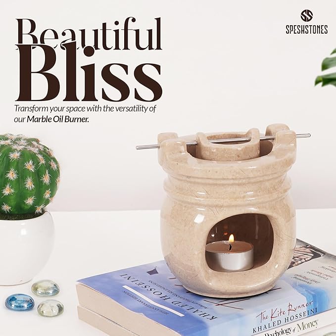 Marble Essential Oil Burner for Scented Oil 4.5 Inch Beige Wax Melt Warmer & Tealight Candle Holder for Home Decor, Stone Aromatherapy Diffuser for Office and Room Fragrance
