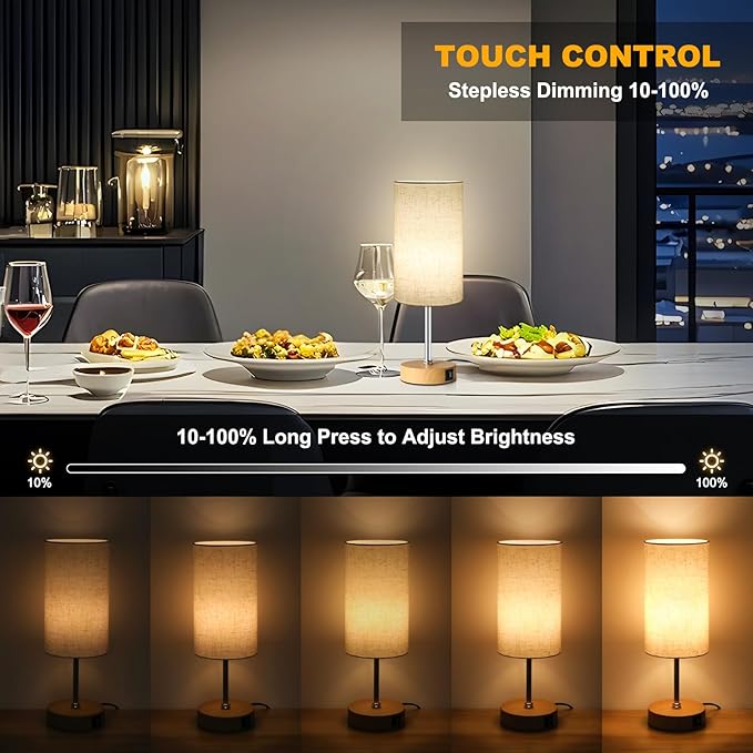 Unicozin Small Table Lamp, 3CCT & 7 RGB Color Changing, Dimmable Nightstand Lamp with Wood Grain Base, Touch Bedsides Lamp for Bedroom, Office, Kids Room, Nursery, Party, Beige Shade