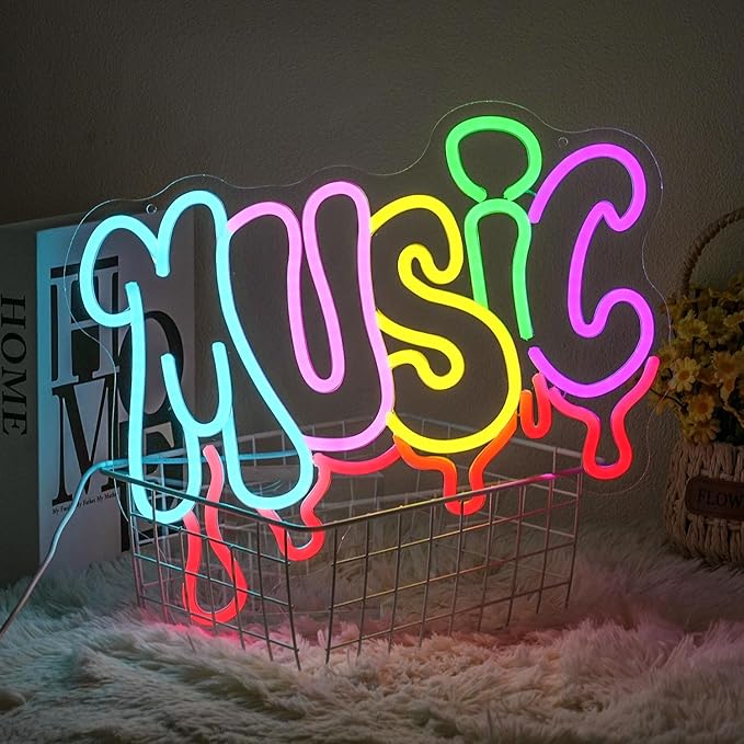 Dripping Music Neon Sign for Wall Decor, Colorful Letter Neon Light, Dimmable Live Music LED Light Up Sign for Bedroom,Game Room, Beer, Bedroom,Party,Club
