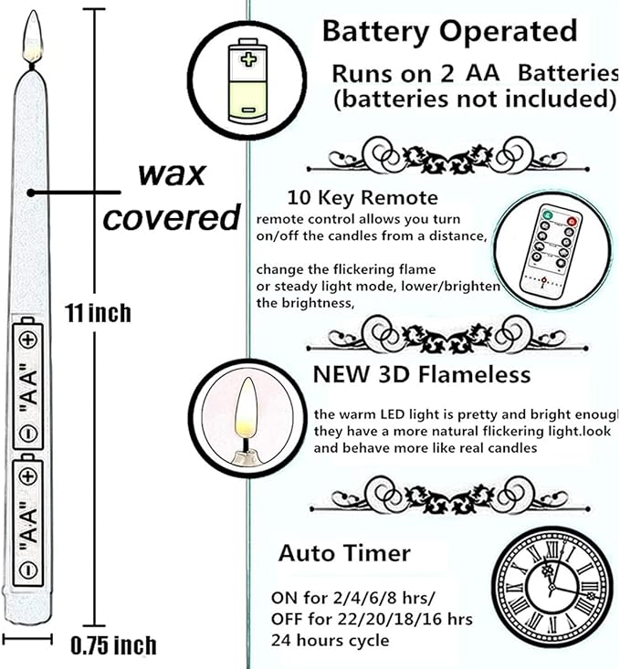 NONNO & ZGF 10 Pack White Flameless 11'' Wax Coverd Taper Candles with 2 Remote/Timer, LED Battery Bright Flickering Candle for Proposal, Wedding, Festive Candlelight Dinner and Home Decor
