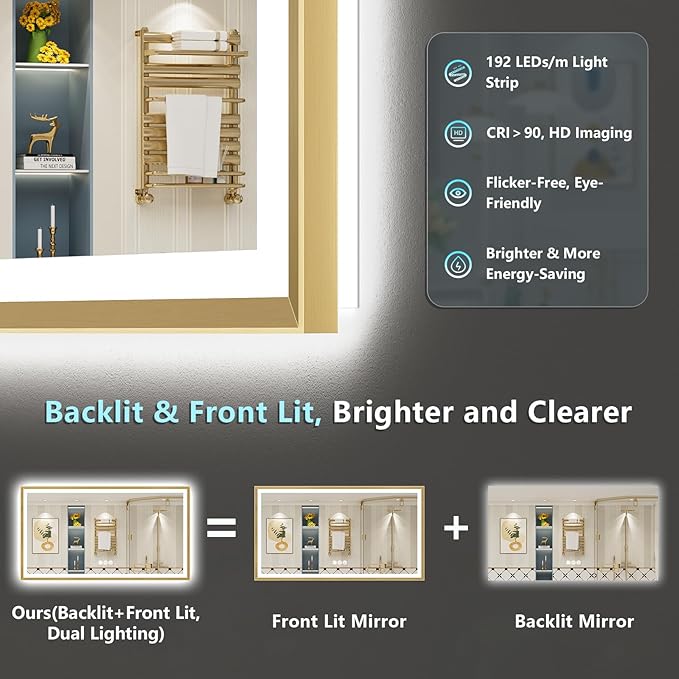72x36 Gold Beveled LED Bathroom Mirror with Lights, Brushed Gold Framed Backlit and Front Lit Anti-Fog Lighted Vanity Mirrors for Bathroom Wall, Dimmable, 3 Colors, Memory, HD Tempered Glass