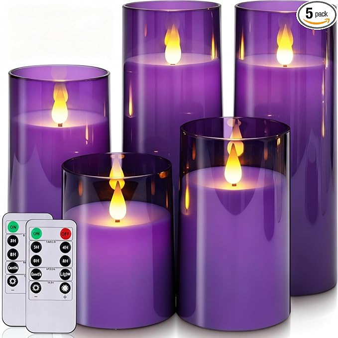 Homemory Purple Flickering Flameless Candles, Battery Operated Acrylic LED Pillar Candles with Remote Control and Timer, Purple Decor, Set of 5
