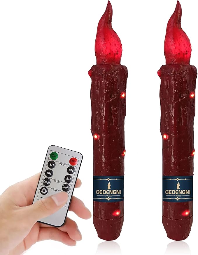 Magical Candlesticks Flameless Taper Candle, 2pcs Red LED Tapered Candles Remote Dipped Candle 6inch Battery Chandelier for Enchanting Weddings and Harry Potter Inspired Vigils(LW4P-RE)