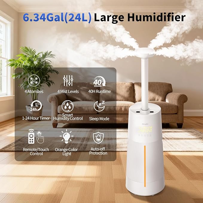Humidifier Large Room - GloryAir 6.3Gal/24L 4X Atomizers Top Fill Whole House Large Cool Mist Quite Humidifiers 1500mL/h for Home Bedroom 3000 ft² with Auto Mode for Commercial Office Plants