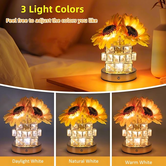 Sunflowers Flower Lamp,Rechargeable Cordless Touch Table Lamp for Bedroom,3-Colour Dimming Small Night Light,Crystal Bedside Lamps with USB Charge,Birthday Valentines Day Gifts for Women,Mom,Wife