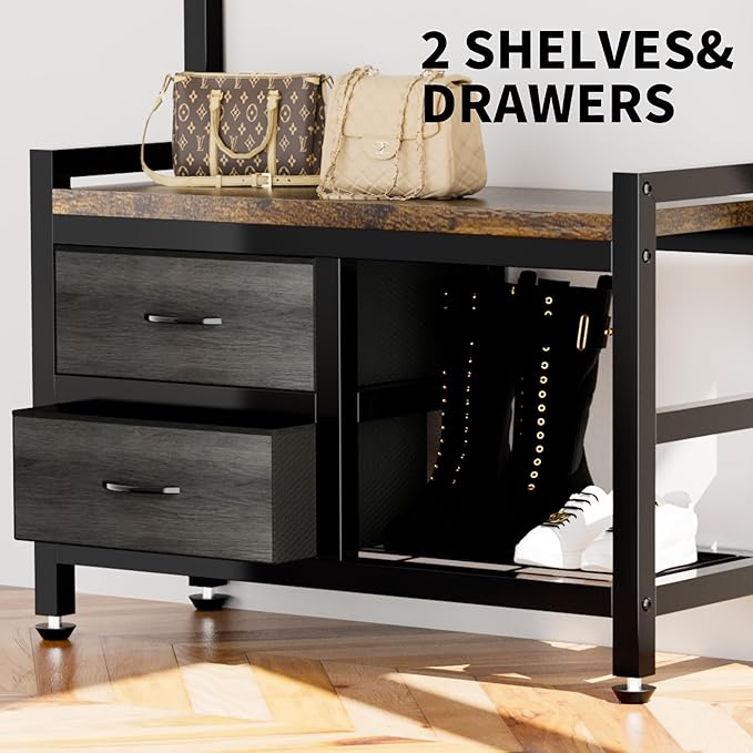 Entryway Hall Tree Bench Organizer, Coat Garment Rack Shelf Rail, Shoe Storage Tiers, Two Sliding Fabric Drawers, Movable Hooks Set, Hanger Rod, Metal Frame, Corner Mudroom Foyer Closet Stand