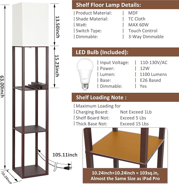 FOLKSMATE Touch Control Shelf LED Floor Lamp with Shelves, Charging USB, Type C Port and Power Outlet, Dimmable Standing Lamp for Living Room, Bedroom