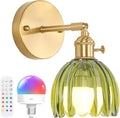 Vintage Battery Operated Wall Sconce with Green Tulip Glass Lampshade Rechargeable Battery Powered Wall Light with Remote Control for Bedside Bedroom Doorway