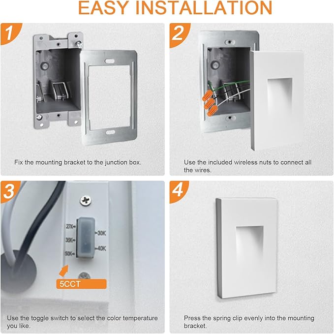 Vertical LED Recessed Step Light Fixture, 5CCT Selectable, IP65 Waterproof, 3W 70LM, 120V Stair Light Indoor Outdoor, 10%-100% Dimmable, White, ETL Listed - 8PK