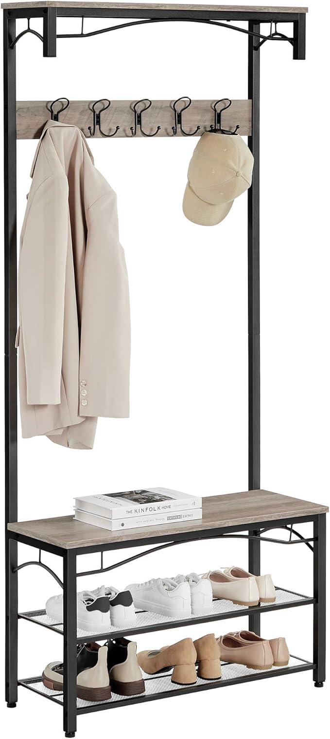 VASAGLE Shoe Bench Rack, 3-Tier Storage Shelf for Entryway Hallway Living Room, Industrial Accent Furniture with Steel Frame, 12.6 x 31.5 x 70.3 Inches, Greige