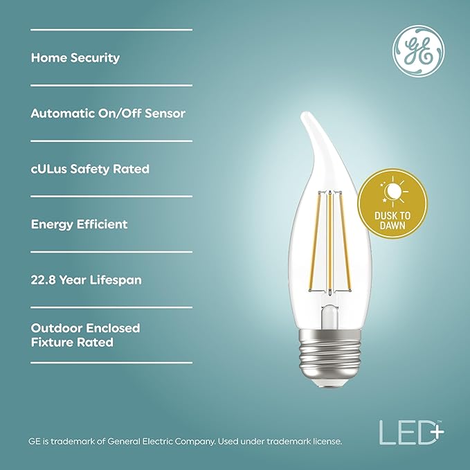 GE LED+ CA11 Dusk to Dawn LED Light Bulbs, Automatic On/Off Outdoor Security Lights, Soft White, E26 Medium Base (2 Pack)