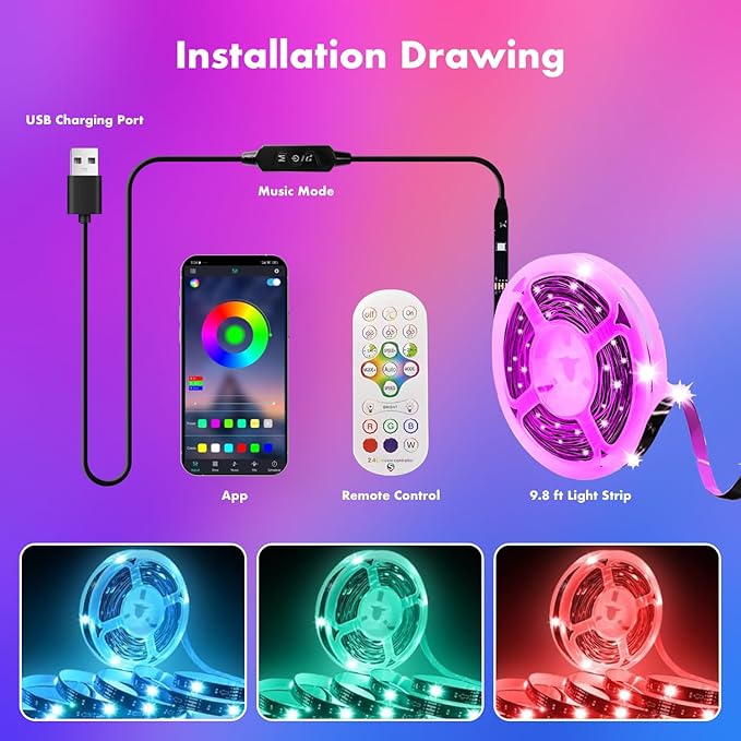 LED Lights for TV, RGB TV Backlight Behind, 16.4ft LED Lights for 45-75 Inch TVs, Music Sync Bluetooth APP & Remote Control USB Powered,Strip Lights for Bedroom, Xmas, Home Décor (13.1ft)