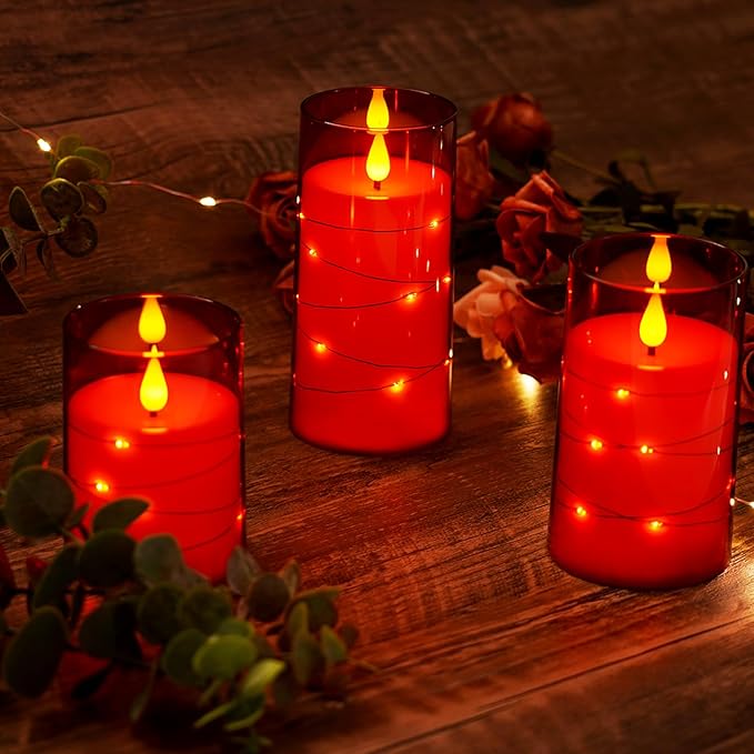Amagic Red Flameless Candles 3 Set, Flickering Battery Operated Candles Embedded Fairy String Light, Realistic Pillar Candle with Remote Control and Timer, Acrylic, D3 x H4 5" 6"