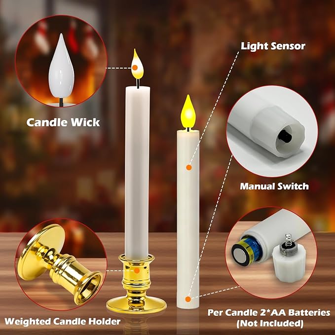 Pruk 10-Pack Flameless LED Candles w/Remote, Realistic Flickering Flame, Battery Operated Window Candles, Timer & Dimmer, Weighted Base, 10.8" Tall (Gold)