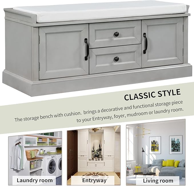 Knocbel 42.5" Entry Storage Bench with Removable Cushion, 2 Drawers and 2 Cabinets, Entryway Hallway Foyer Shoe Bench End of Bed Bench with Aluminum Handles, 200lbs Weight Capacity (Gray Wash)