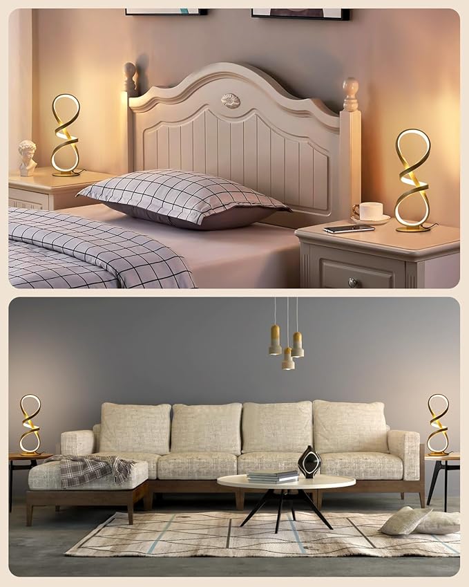 2 Pack Table Lamps, LED Touch Dimmable Spiral Desk Lamp, 3 Color Temperature Modern Nightstand Lamp, Unique Bedside Lamp for Living Room, Bedroom, Cool Lamps for Ideal Gift, Gold