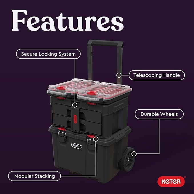 Stack N’ Roll 4-Piece Rolling Tool Storage System – Includes Large Rolling Tool Box, 2-Drawer Tool Box & 2 Tray Organizers | Modular Stackable Tool Storage with Wheels for Garage & Workshop