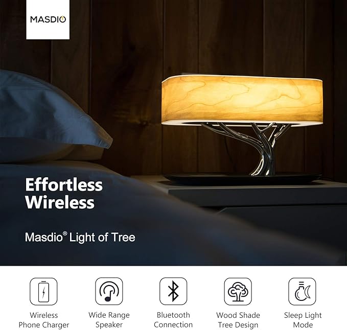 AMPULLA Masdio by Ampulla Bedside Lamp with Bluetooth Speaker and Wireless Charger, Table Lamp Desk Lamp with Sleep Mode Stepless Dimming