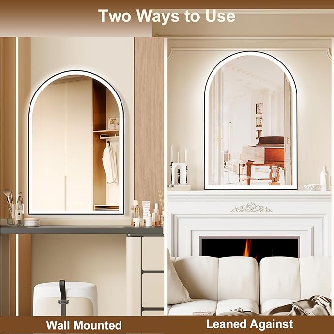 Arched LED Bathroom Mirror 24"x36", Black Bathroom Mirror with Lights-Anti-Fog, Dimmable-LED Mirror for Bathroom,3 Colors