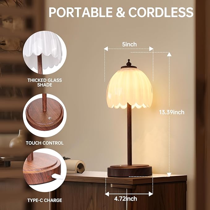 Tulip Table Lamp with 5200mAh Battery & Touch Control, Small Cordless Table Lamp with 3 Colors, Rechargeable Battery Operated Table Lamps for Bedroom, Desk, Bedside (White-Walnut Color)