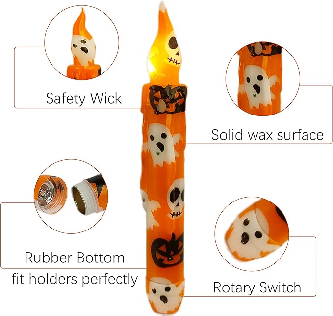 Halloween Candlesticks Flameless Taper Candle, 4pcs Printed LED Tapered Candles Remote Dipped Candle 6inch Battery Chandelier for Enchanting Weddings and Harry Potter Inspired Vigils(Hall)
