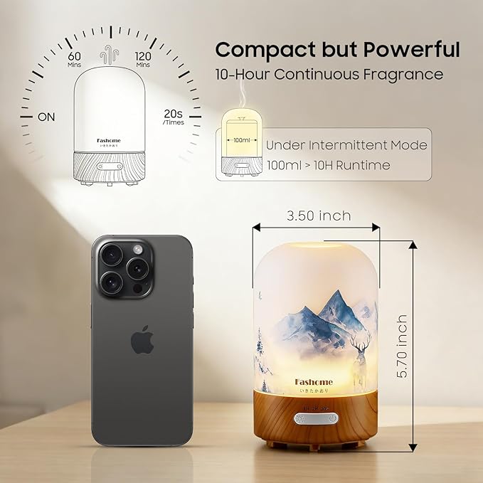 Essential Oil Diffuser Hand Blown Glass, 100ml Small Aromatherapy Diffuser, Auto Shut-Off Function, Ultrasonic Diffusers for Essential Oils, Cool Mist Humidifier with Warm White Lights