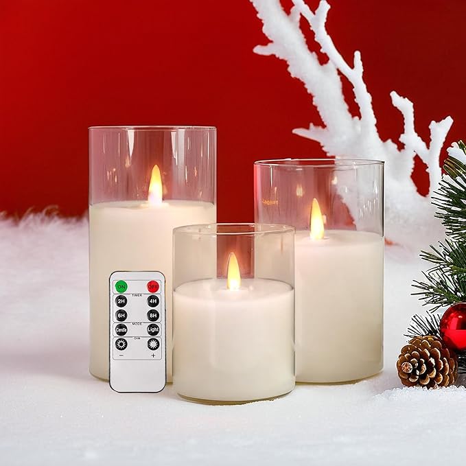 NICEME Clear Glass Flameless Candles Battery Operated with Remote Timer, Real Wax LED Pillar Candles with Flickering Flame Pure White Radiance Evanescing Fake Candles for Wedding Home Decor, Set of 3