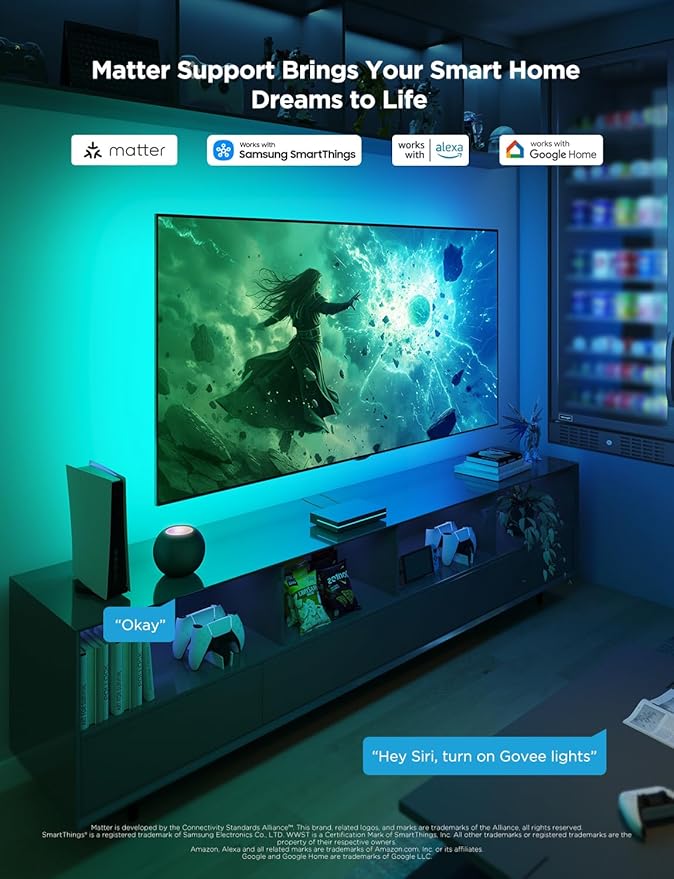 Govee HDMI 2.1 Sync Box 2, AI Sync Box with TV Backlight, Supports 8K@60Hz, 4K@144Hz, VRR and ALLM, Works with SmartThings, Matter and Alexa, RGBIC LED Light Strip for 55-65 inch TVs, 75 LEDs/m