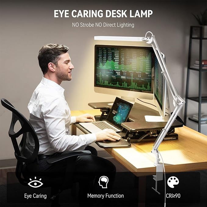 SKYLEO Led Desk Lamp - 31.5" Desk Light - 5 Color Modes X 11 Brightness Levels - Adjustable Swing Arm - Timmer & Memory Function - 12W Study Lamp - White