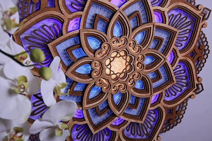 Naisicore Mandala Night Lights, 11.8inch Multilayered Cut Carved Mandala Hanging Lamp, Yoga Room Atmosphere Light, Wooden Decorative Lamps for Bedroom Wall Decoration