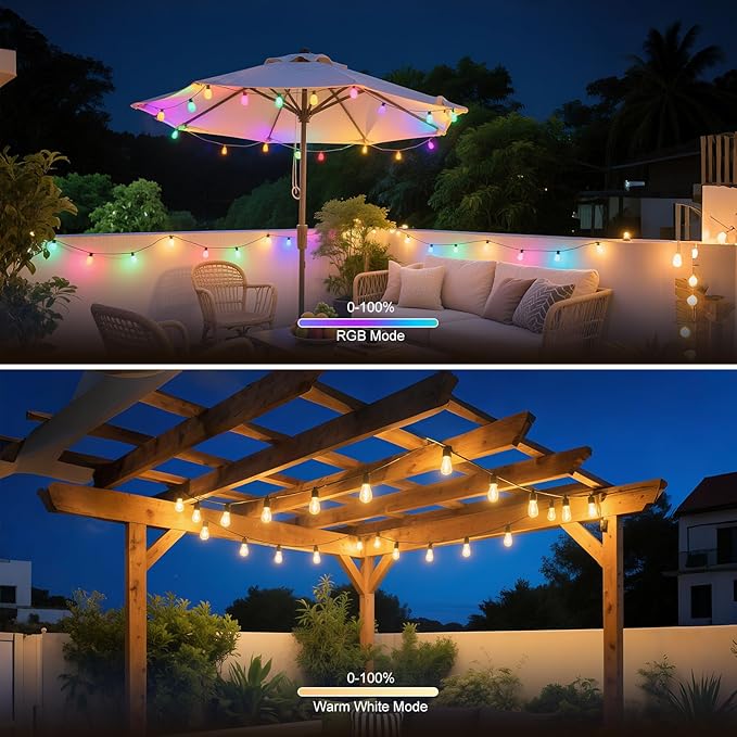 Outdoor String Lights 121ft, Patio Lights with 20 Dimmable LED Bulbs, RGBW & Warm White, IP67 Waterproof, Shatterproof, APP & Remote Control, Color Change, Customizable Colors for Backyard Decor