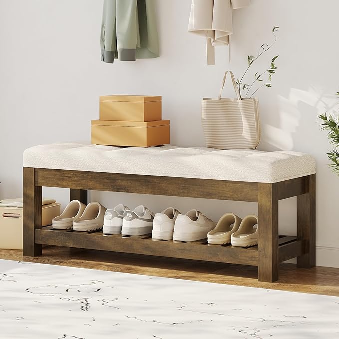 Large Upholstered Ottoman Bench Entryway Storage Benches Tufted Linen Ottoman Bench with Wood Shelf Padded End of Bed Bench for Bedroom Living Room Hallway Decor