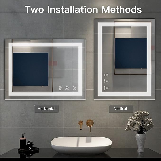 LED Bathroom Mirror, 32x24 Inch Bathroom Vanity Mirror Wall Mounted with 3000K-6000K Adjustable, Anti-Fog, Smart Touch Button, Stepless Dimmable Lighted Makeup Mirror, Horizontal/Vertical