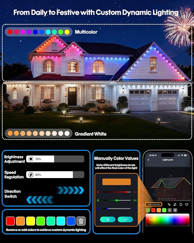 Smart Permanent Outdoor Lights, 50FT 30LEDs Color Changing RGB IC Wall Lights, APP & Remote Control, Music Sync, Dynamic Lighting for House, Living Room, Ceiling, Eave Party Xmas Decoration