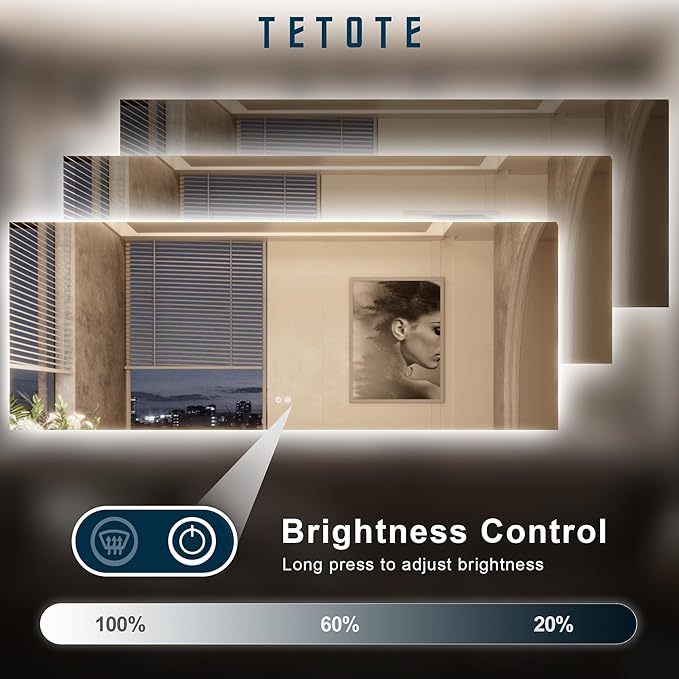 TETOTE 96 x 36 Inch LED Backlit Bathroom Mirror with Lights,3Color White/Warm/Natural,Anti-Fog Lighted Mirror,Dimmable,Vanity Mirror,Wall Mounted