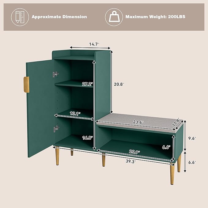 Storage Bench with Fluted Door&Shelf, Modern Entryway Bench with Padded Seat, L-Shaped Shoe Organizer Cabinet for Hallway, Living Room, Office, Green