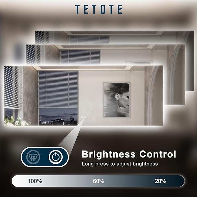 TETOTE 55 x 30 Inch LED Mirror Backlit Bathroom,Anti-Fog Mirror with Light,Dimmable,CRI90+,IP54 Water Proof,Wall Mounted Vanity Lighted,Horizontal/Vertical