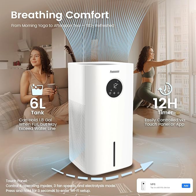 Powerscale MF6 Smart Evaporative Humidifiers for Bedroom, 1.8 Gal Top-Fill, Up to 700mL/h Mist-Free Output, WiFi Smart Touchscreen Control, Auto Filter Dry, Electrolysis Self-Clean, Quiet Sleep Mode