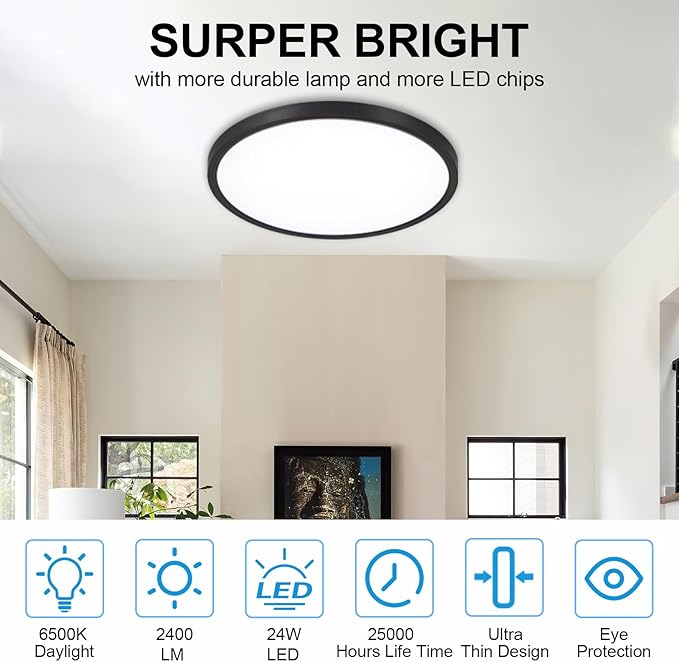 2Pack LED Flush Mount Ceiling Light: 12 inch Super Slim Dimmable & 5CCT (2700-6000K) Kitchen Lighting Fixtures Ceiling - 24W Black Low Profile Ceiling Lamp for Bedroom Garage Hallway